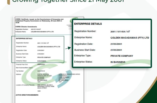 Official Registration of Golden Macadamias
